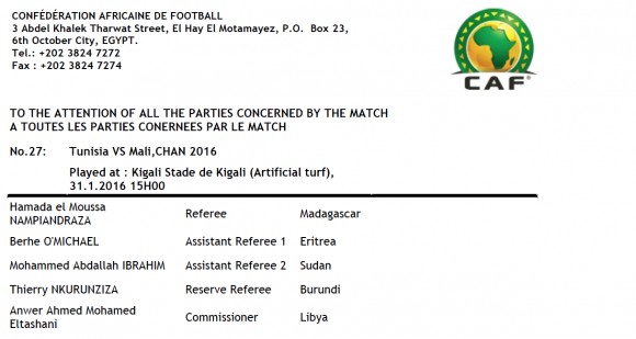 CHAN 2016 - La CAF désigne un malgache pour le match Tunisie / Mali